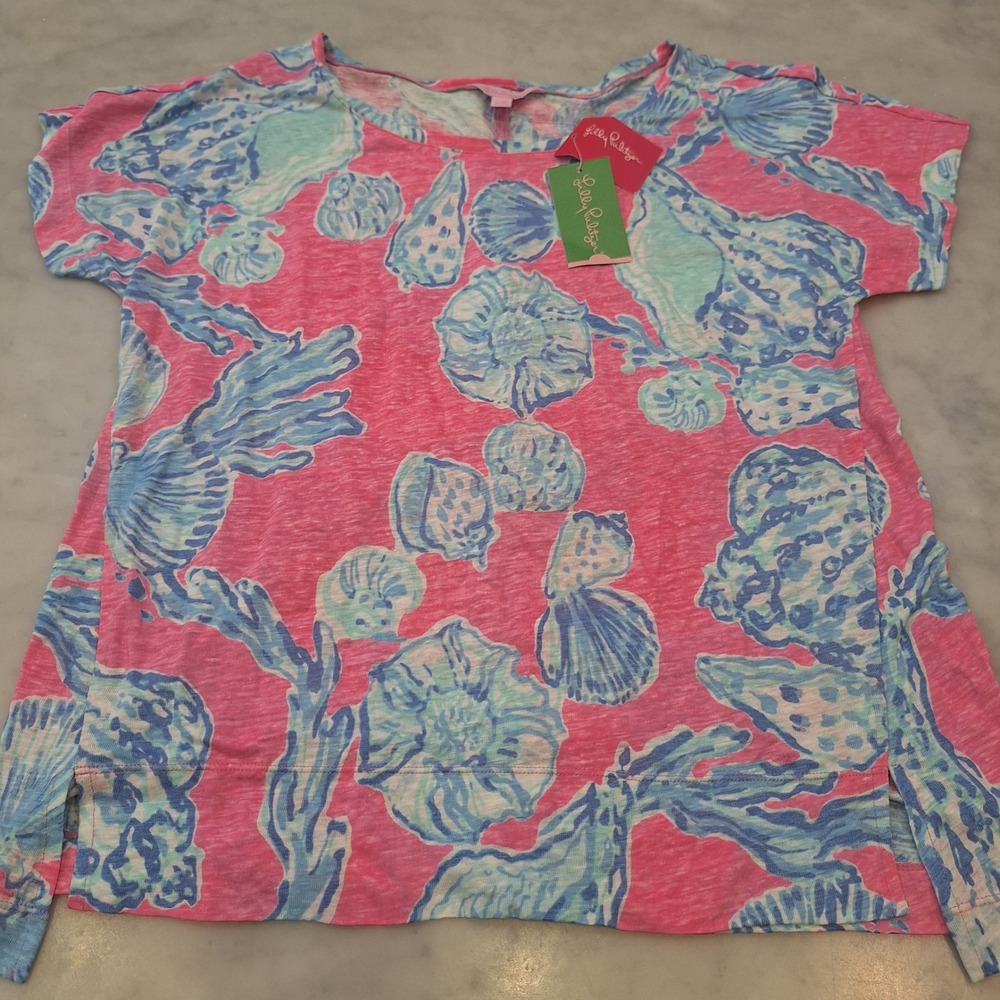 New Lilly Pulitzer Mikela 100% Linen Blouse Lg Pink Blue Seashell Coastal Beach‎